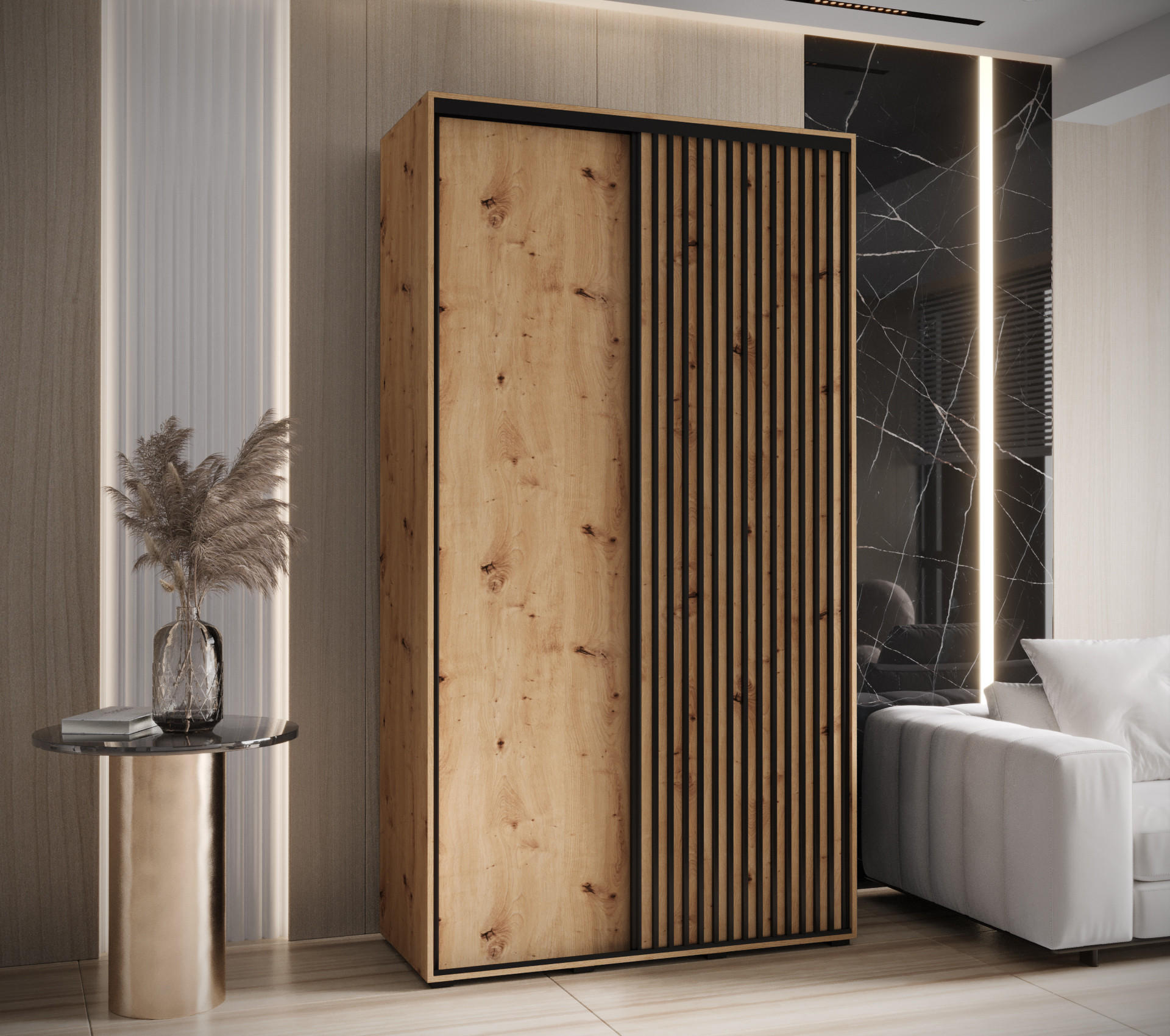 SCHWEBETÜRENSCHRANK 205,2/130/45 2-türig - Schwarz/Eiche Artisan, Holz/Metall (130/205.2/45cm) - Abiks Möbel