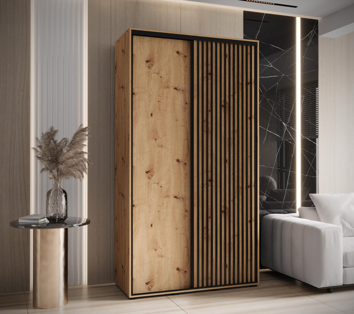 SCHWEBETÜRENSCHRANK 205,2/130/45 2-türig - Schwarz/Eiche Artisan, Holz/Metall (130/205.2/45cm) - Abiks Möbel