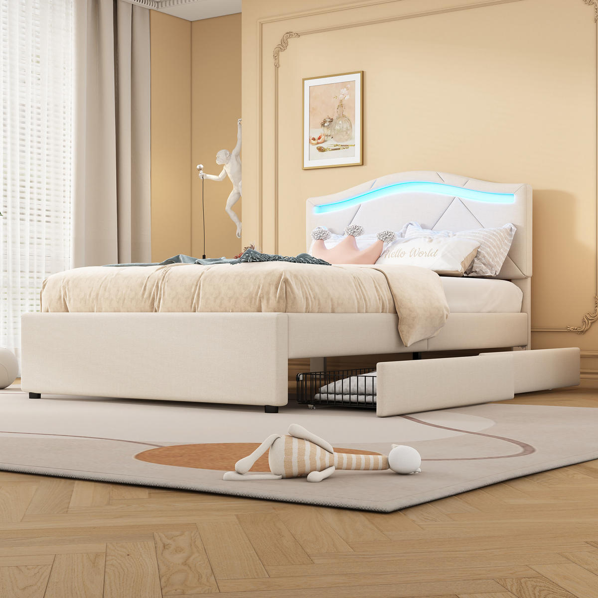 POLSTERBETT 90x200cm Beige Leinen Fernbedienung 2 Schubladen Kopfteil - Beige, Holz (90/200cm) - FLIEKS