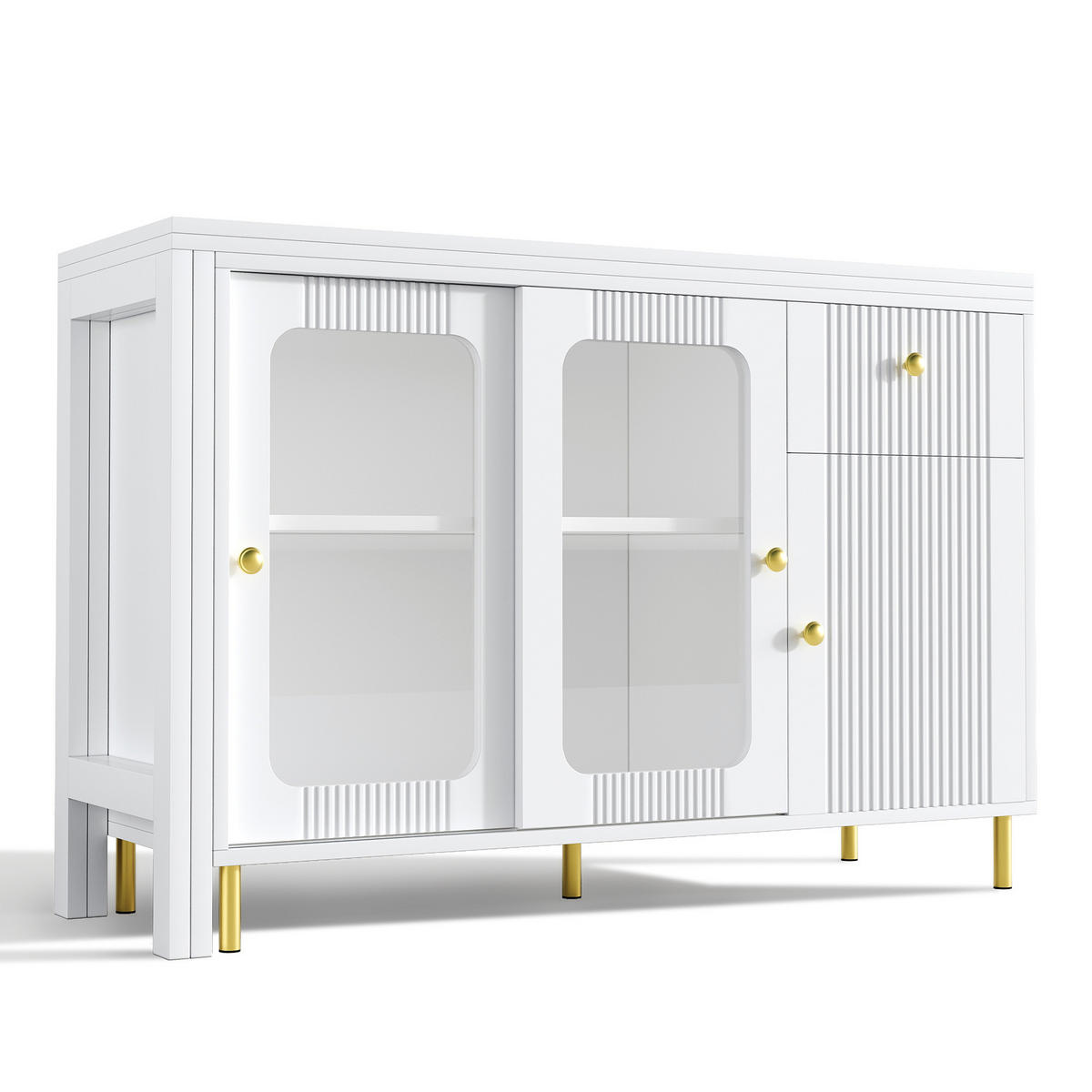 SIDEBOARD 116/40/78,5 cm in Weiß mit Auszugstisch, Glastüren & Schubladen - Weiß, Holzwerkstoff (116/78/40cm) - BEAOK