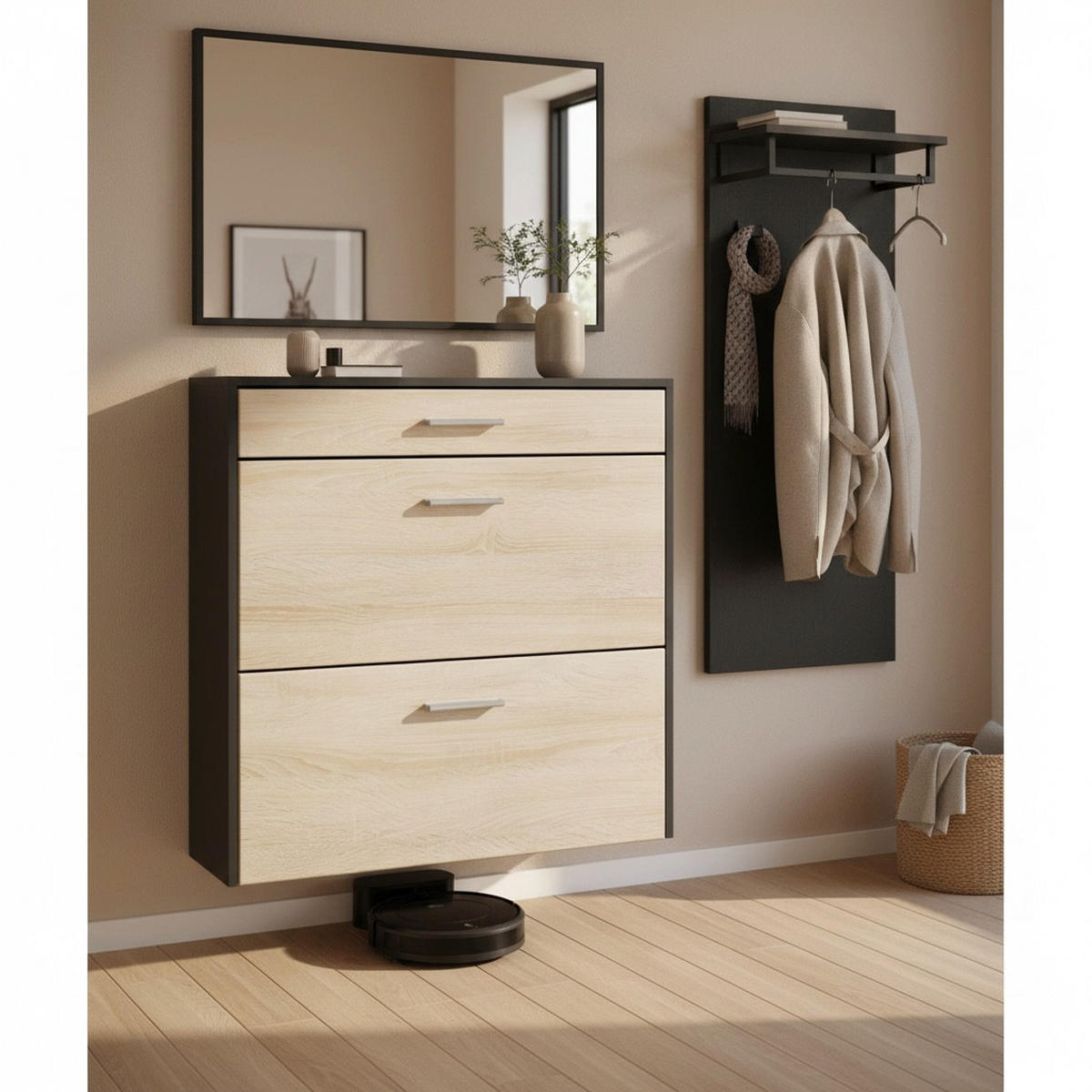 HÄNGENDER-SCHUHSCHRANK Roma Air Schmal mit 2 Klappen und 1 Schublade, Platzsparender Schuhkipper, Schwarz/Eiche Sägerau (89 x 87 x 23 cm) - Eiche San Remo, Holzwerkstoff (89/87/23cm) - InnoFurn