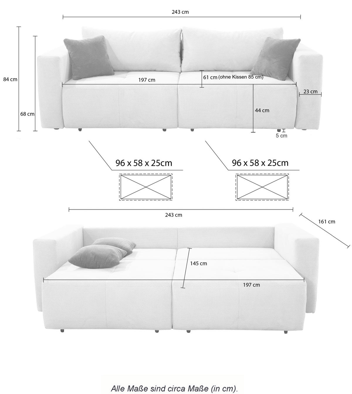 SCHLAFSOFA Verwandlung: Big-Sofa/Eckcouch, 2 Bettkästen, B243/T115-161/H84 cm, Liegefläche 145x197 cm, Waffelcord Silber-Grau / 15242 - Silberfarben/Schwarz, Kunststoff/Textil (243/84/115cm) - luma-home