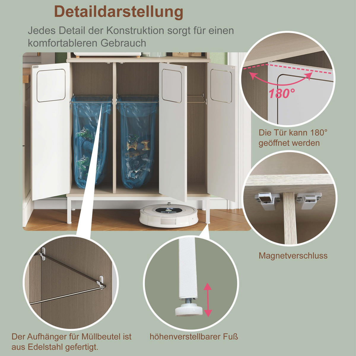 BUFFETSCHRANK 35/80/181 cm mit Müllbereich, Mikrowellenfach und verstellbaren Einlegeböden, Weiß/Hellholz - Weiß, Holzwerkstoff (80/181/35cm) - Redom