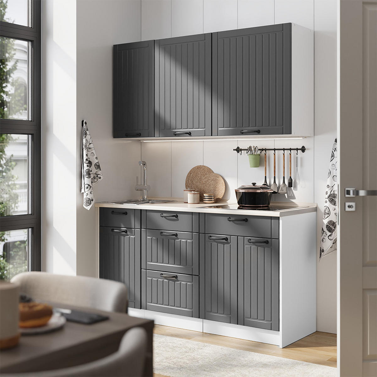 SAMOSTATNÁ KUCHYŇA Fame-Line, Tmavo-sivá/biely, 150 cm, AP Marble - biela/tmavosivá, kompozitné drevo (150/82/60cm) - Vicco