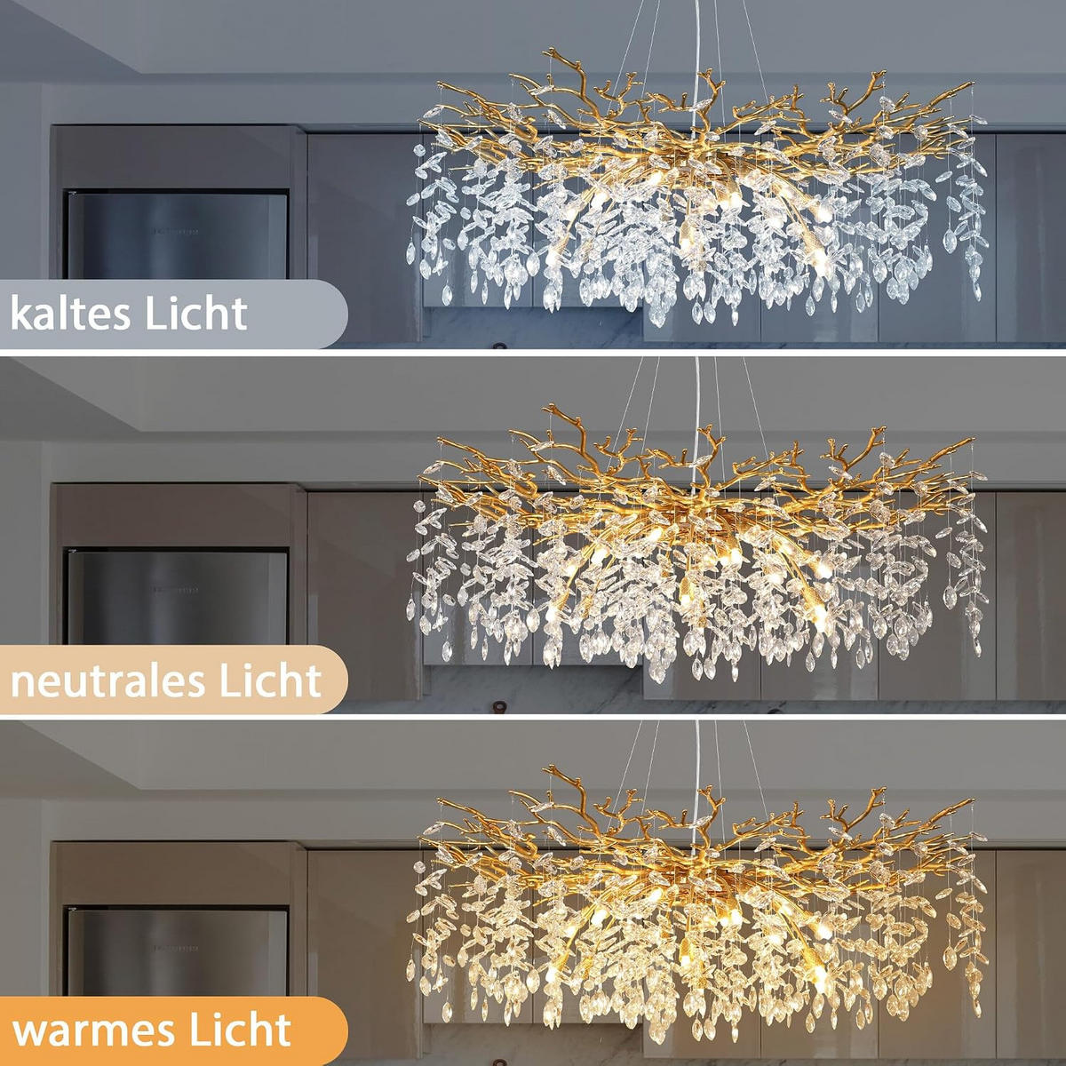 KRONLEUCHTER 120 cm K9‑Kristall Baumzweig Gold für Wohnzimmer und Schlafzimmer - Gelb, Naturmaterialien (78/43/38cm) - Surtime