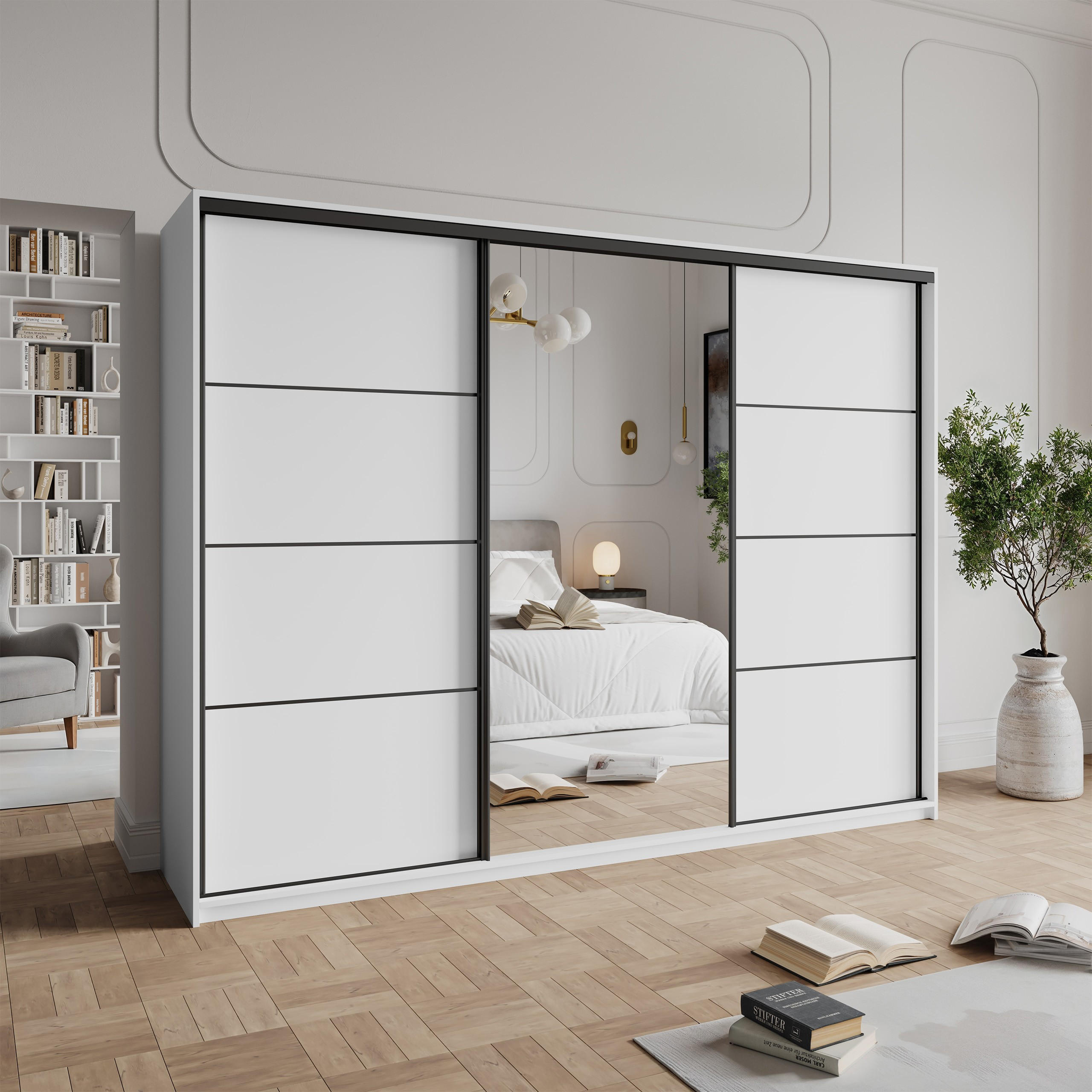SCHWEBETÜRENSCHRANK VARO 250/205/60 cm 3-türig mit Spiegel und Schubladen Weiß - Schwarz/Weiß, Holzwerkstoff (250/205/60cm) - MASSENO