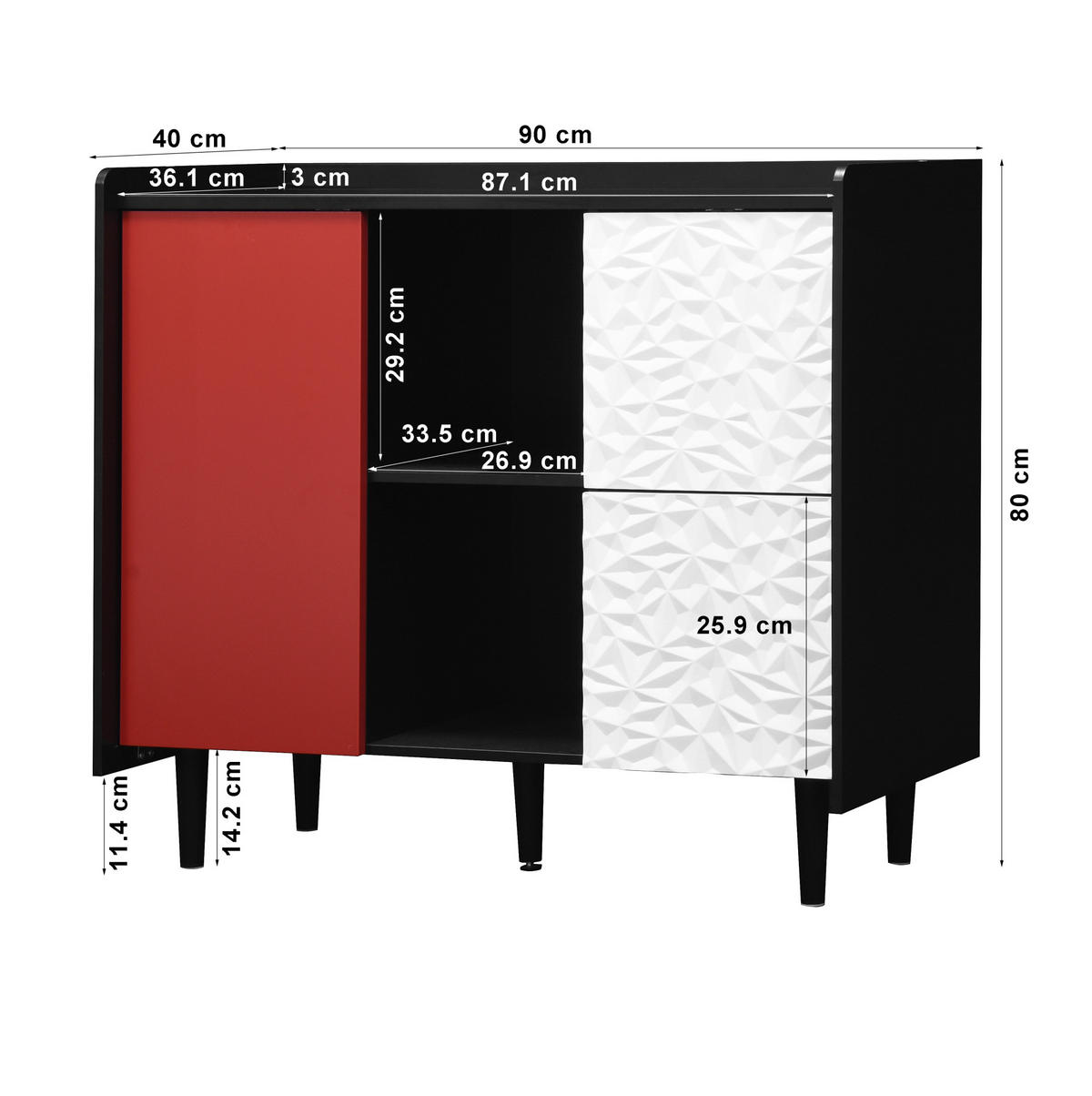 SIDEBOARD 90/40/80 cm schwarz-rot aus MDF mit 2 Schubladen und offenen Fächern - Schwarz, Holzwerkstoff (90/80/40cm) - OKWISH