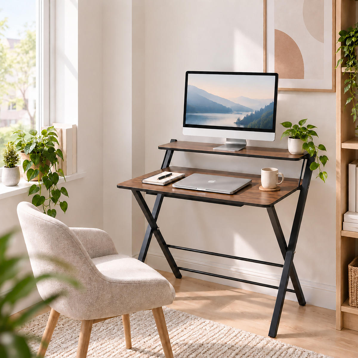 BIROU Negru pliabil cu suport monitor 70x56 cm - negru, compozit lemnos/metal (56/70/82cm) - Relaxdays