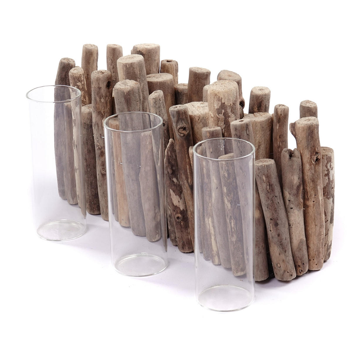 VASE Yela 35x18x11 cm, Treibholz, 3 Gläser naturfarben - Naturfarben, Holz (18cm) - CREEDWOOD