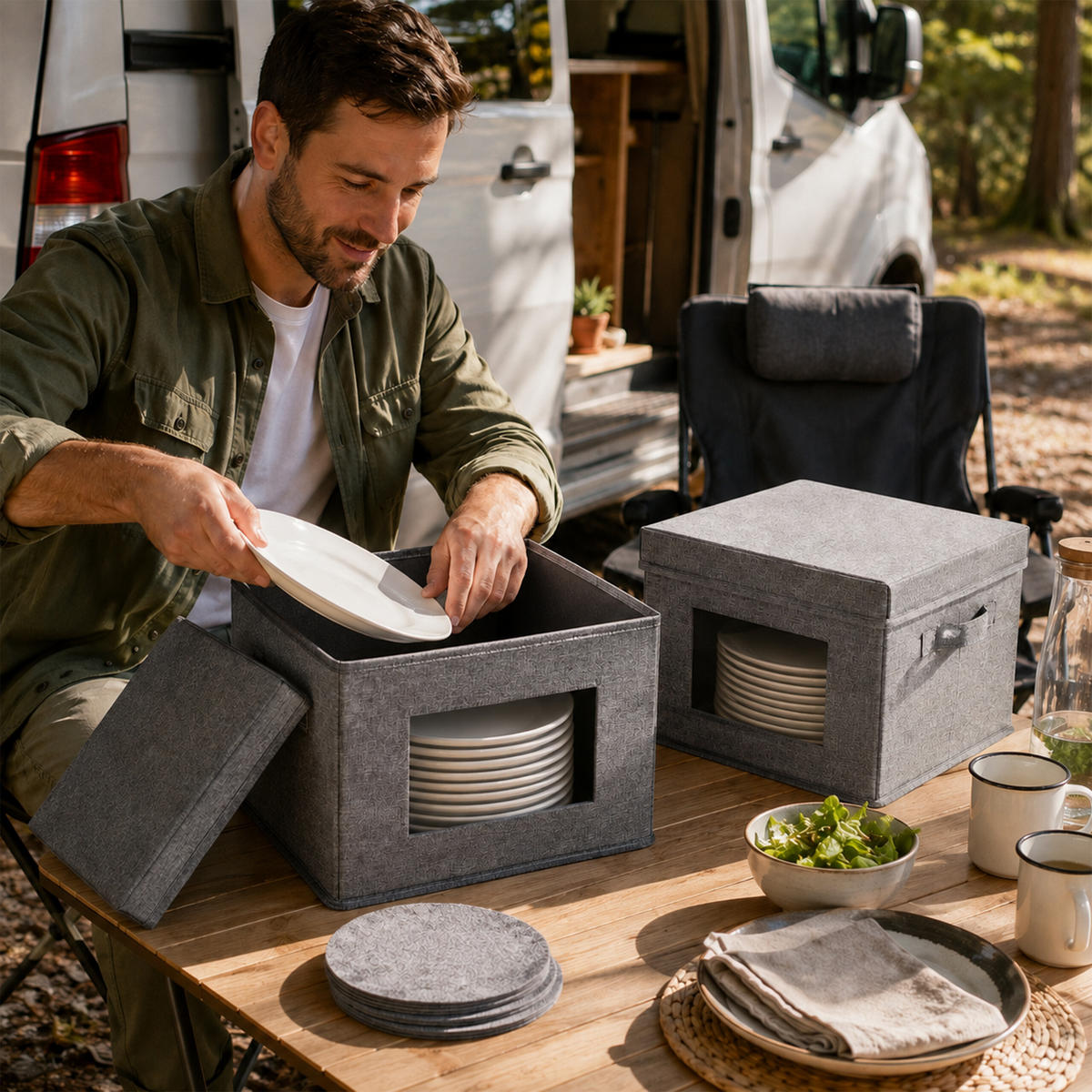 TELLERBOX Grau 2er-Set für Teller bis 28 cm - Grau, Wellpappe/Kunststoff (30.5/20.5/30.5cm) - Relaxdays