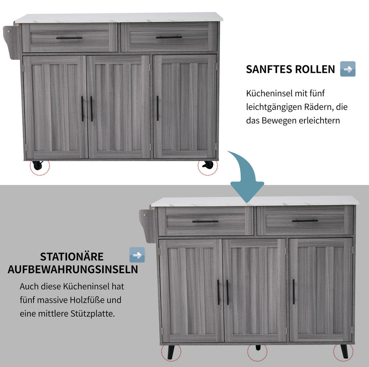 KÜCHENWAGEN mit Ausziehplatte und Stauraum 129 x 46 x 91,5 cm Grau/Weiß - Grau, Holz (46/91.5/129cm) - Beauniv