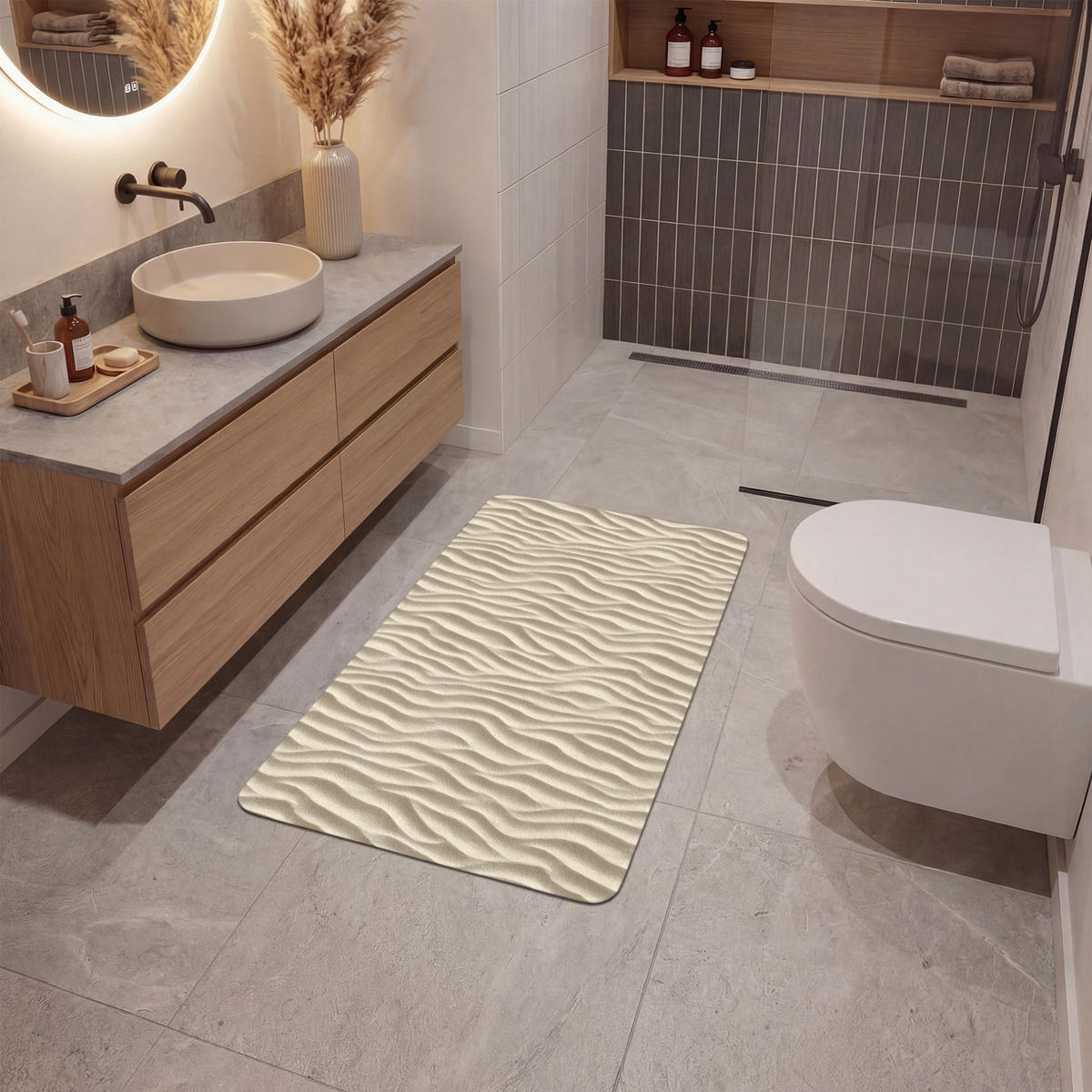 KÚPEĽŇOVÁ PREDLOŽKA Piesok - Vlny - Béžová 60x90 cm - béžová, textil/plast (60/90cm) - OnlyWow