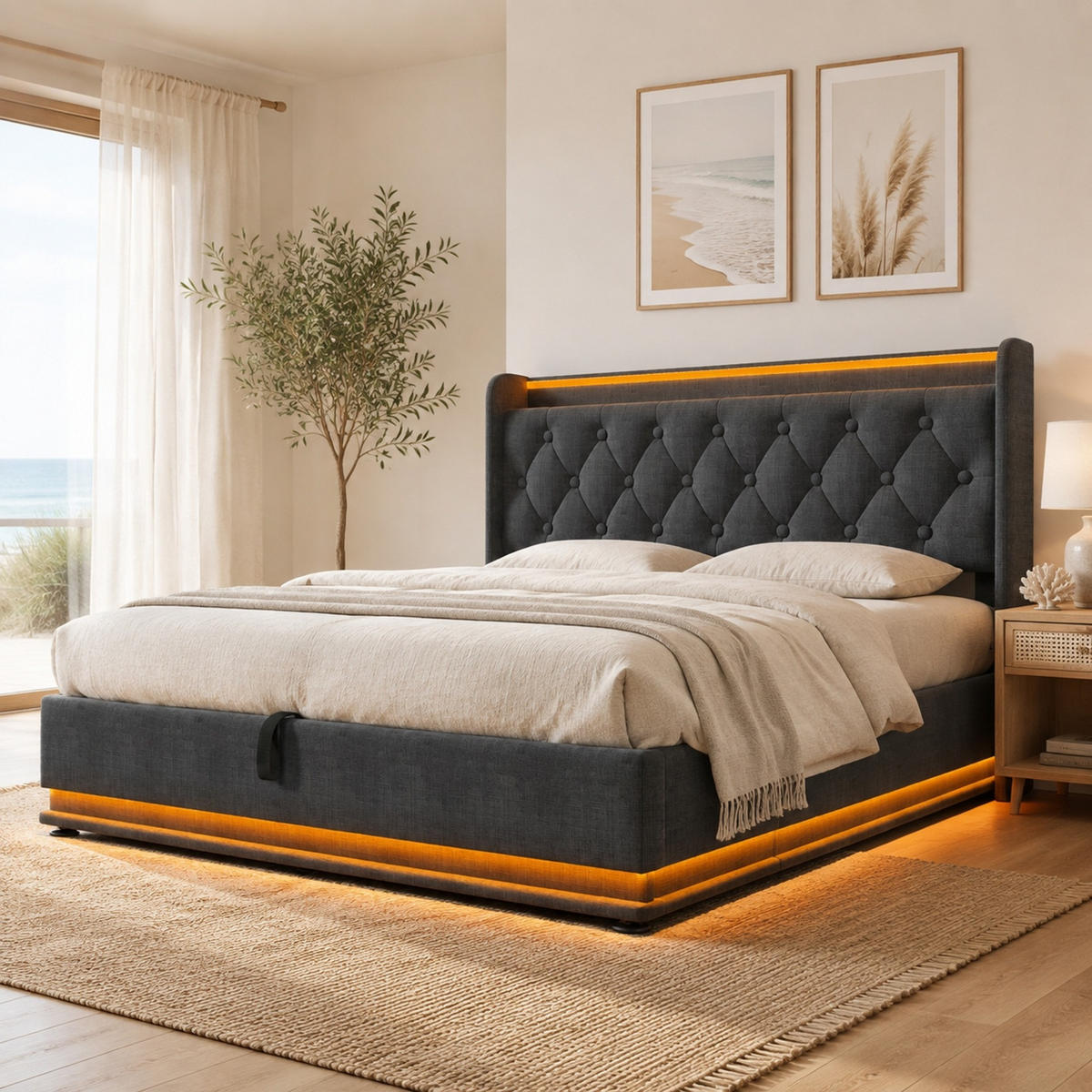 POLSTERBETT 140/200 mit Bettkasten, LED und USB in Grau - Grau, Holzwerkstoff/Textil (140/200cm) - EVRYAE