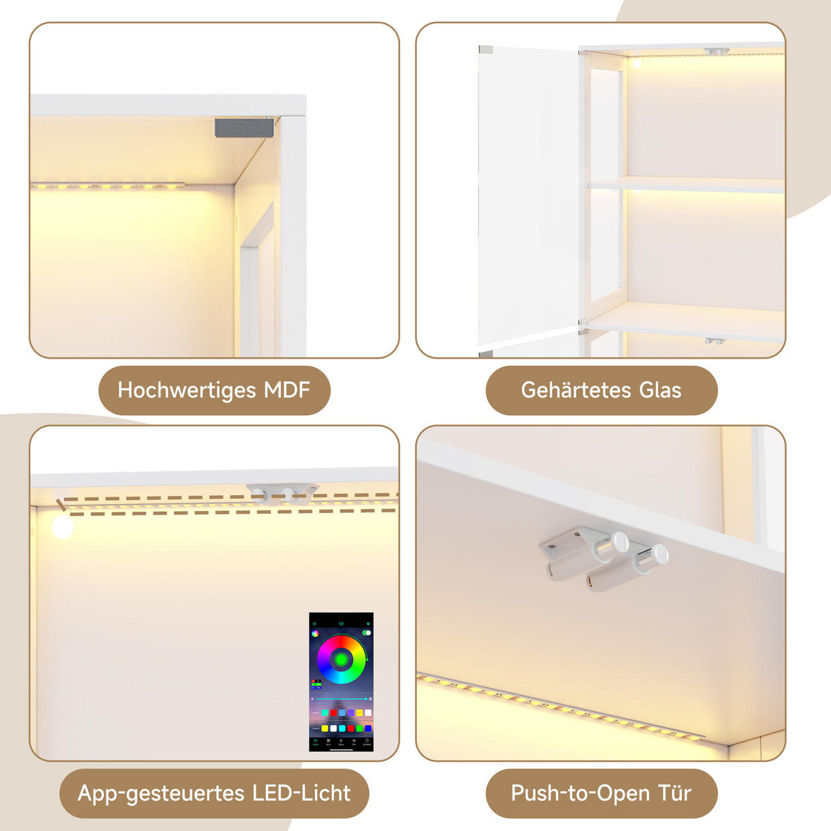 VITRINE 4 Ebenen Stauraum, App-gesteuertem LED-Licht, Push-to-Open Türen 80/35/170 cm - Transparent/Weiß, Glas/Holzwerkstoff (80/170/35cm) - EVRYAE