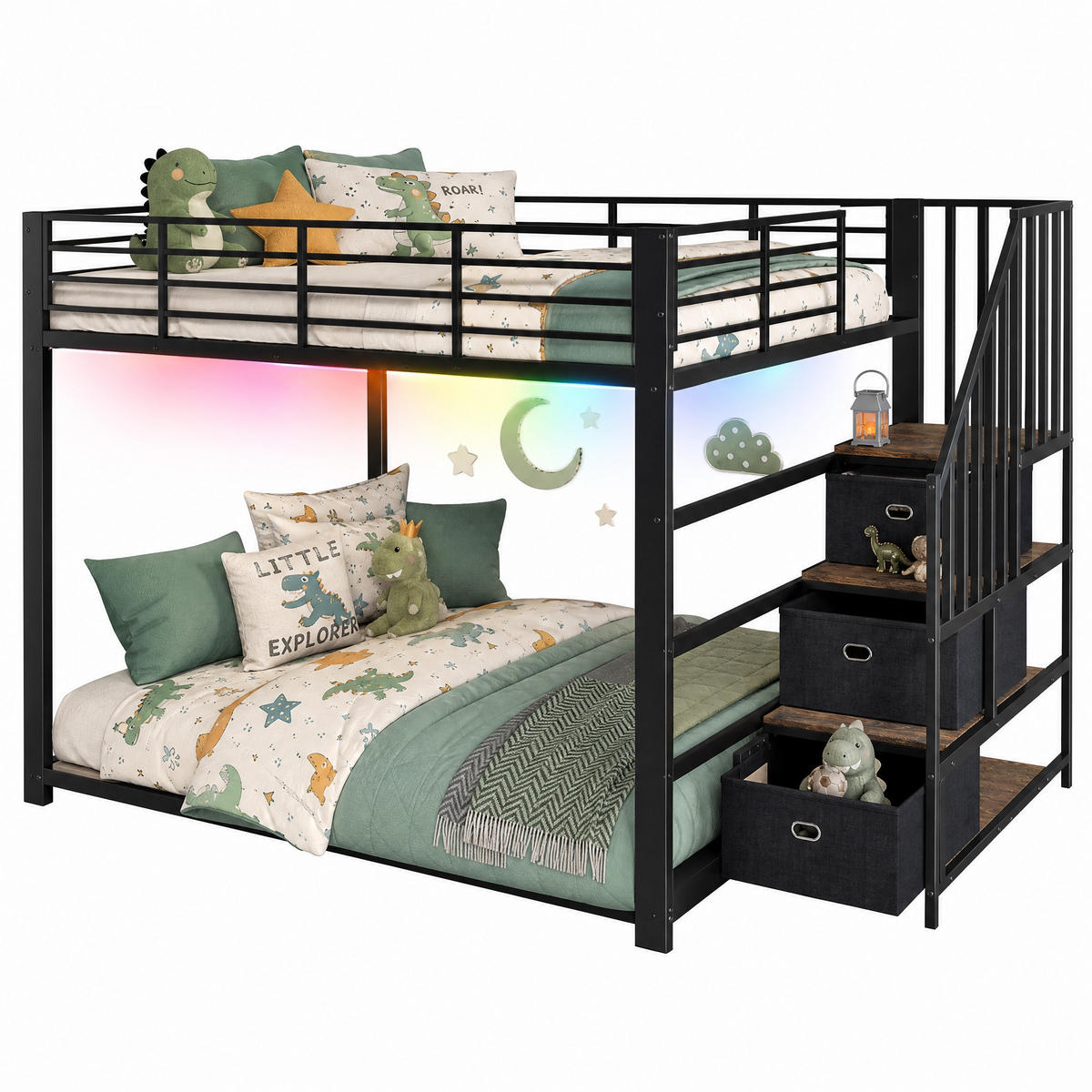 ETAGENBETT 140/200 cm mit Treppe, LED und Steckdose, DE-41957, in Schwarz - Schwarz, Metall (140/200cm) - ComfortXL