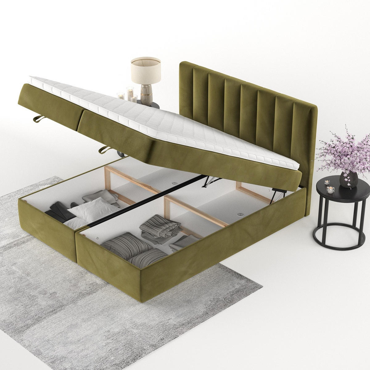 BOXBETT Lusso 180/200 cm Olivgrün im Kronos Stoff - Schwarz/Olivgrün, Holz/Holzwerkstoff (180/200cm) - AltaBeds