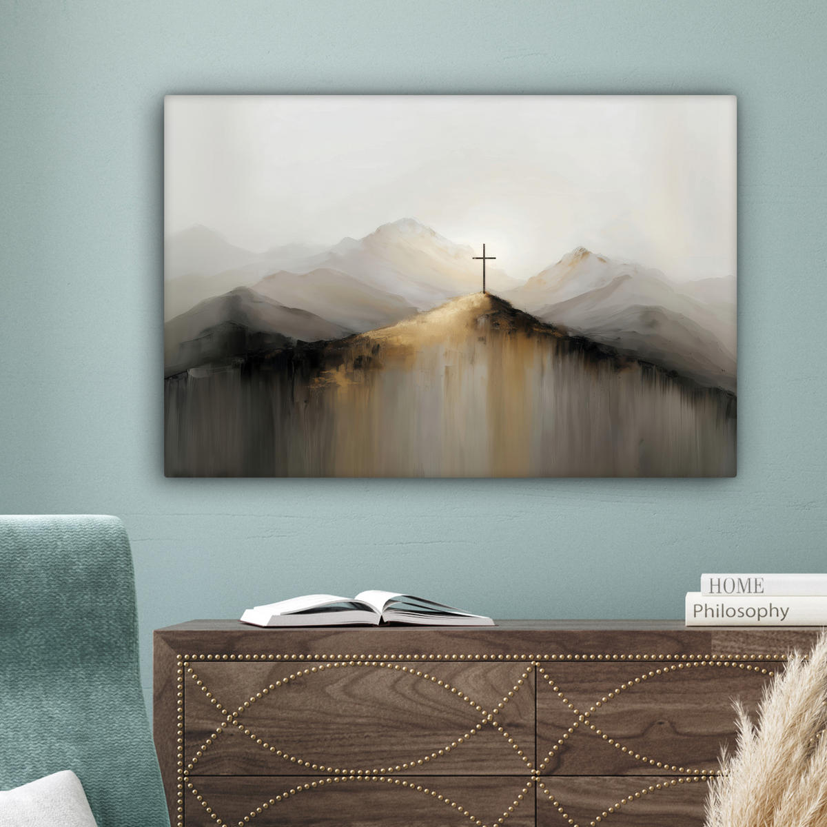 LEINWANDBILD Hügel - Abstrakt - Kreuz - Christentum Gemälde 60x40 cm - Beige, Textil (60/40cm) - MuchoWow