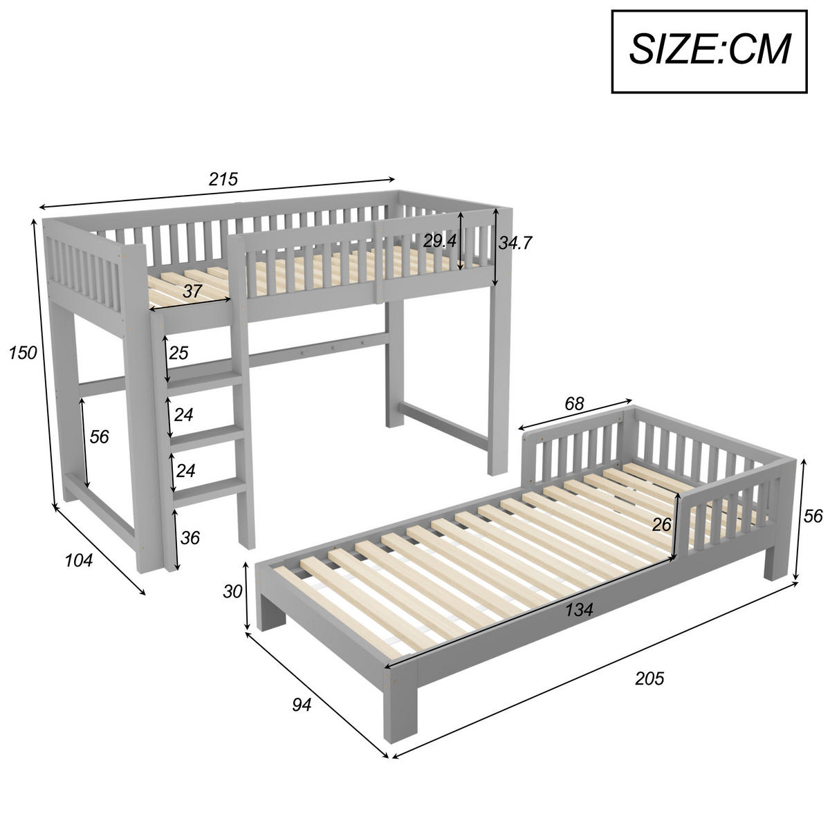 KINDERBETT-SET aus Kiefernholz 90x200 cm Grau, modular als Hoch- und Einzelbett - Grau, Holz (90/200cm) - Modfu