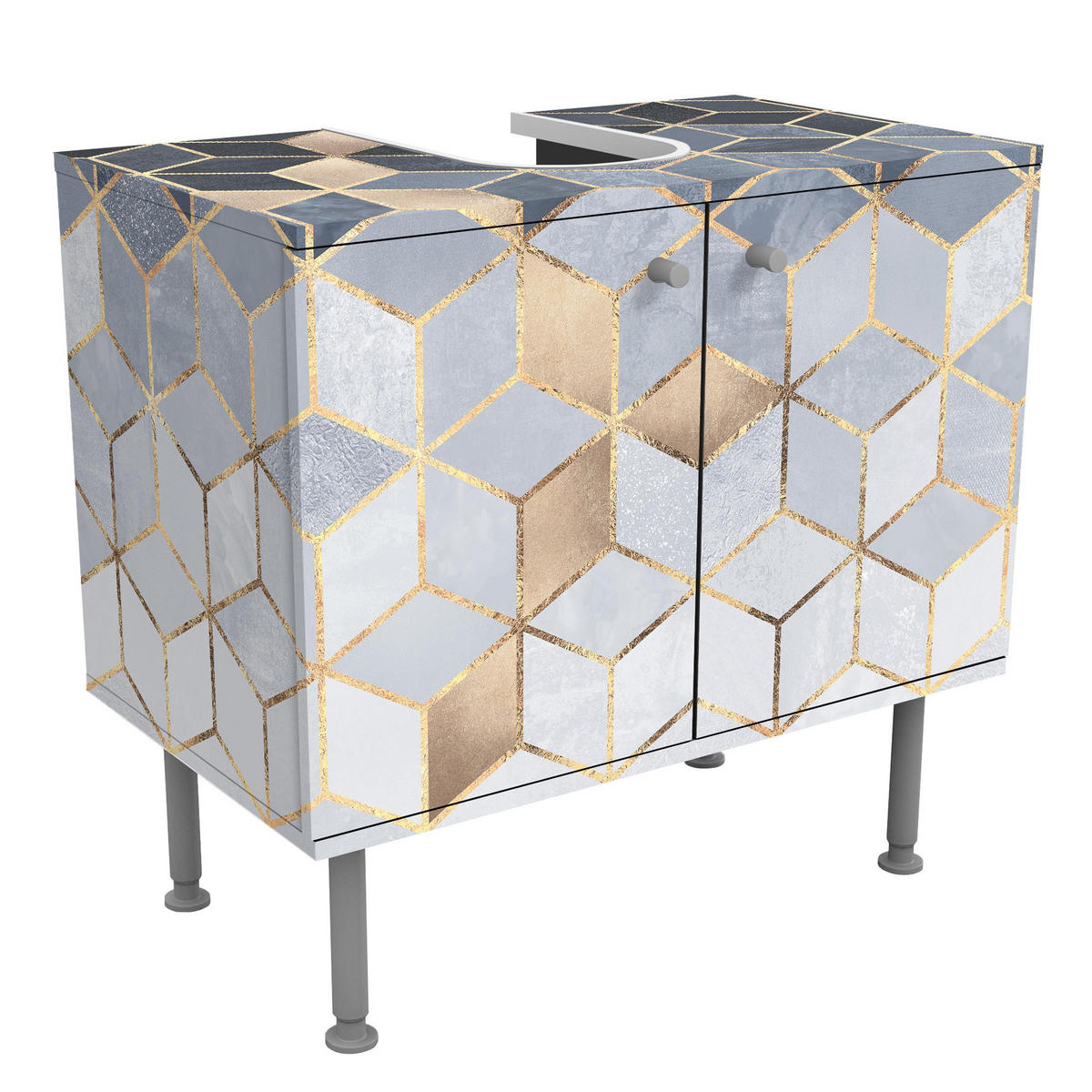 WASCHBECKENUNTERSCHRANK Blau Weiß goldene Geometrie 60/55/35 cm - Goldfarben, Holzwerkstoff (60/55/35cm) - Bilderwelten