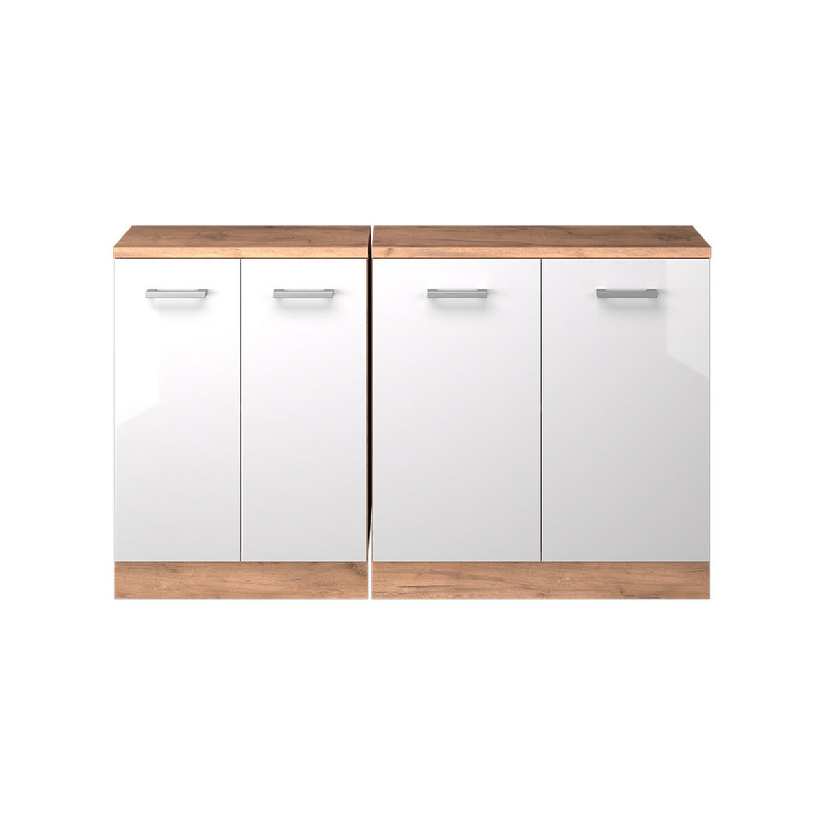 KUHINJSKI ORMAR ZA KOSINE KROVA R-Line Sjajna Bijela 140 cm Set od 2 korpusa ormara, dubina 60 cm - hrast medunac/bijela visoki sjaj, drvni materijal (140/83.8/60cm) - Vicco