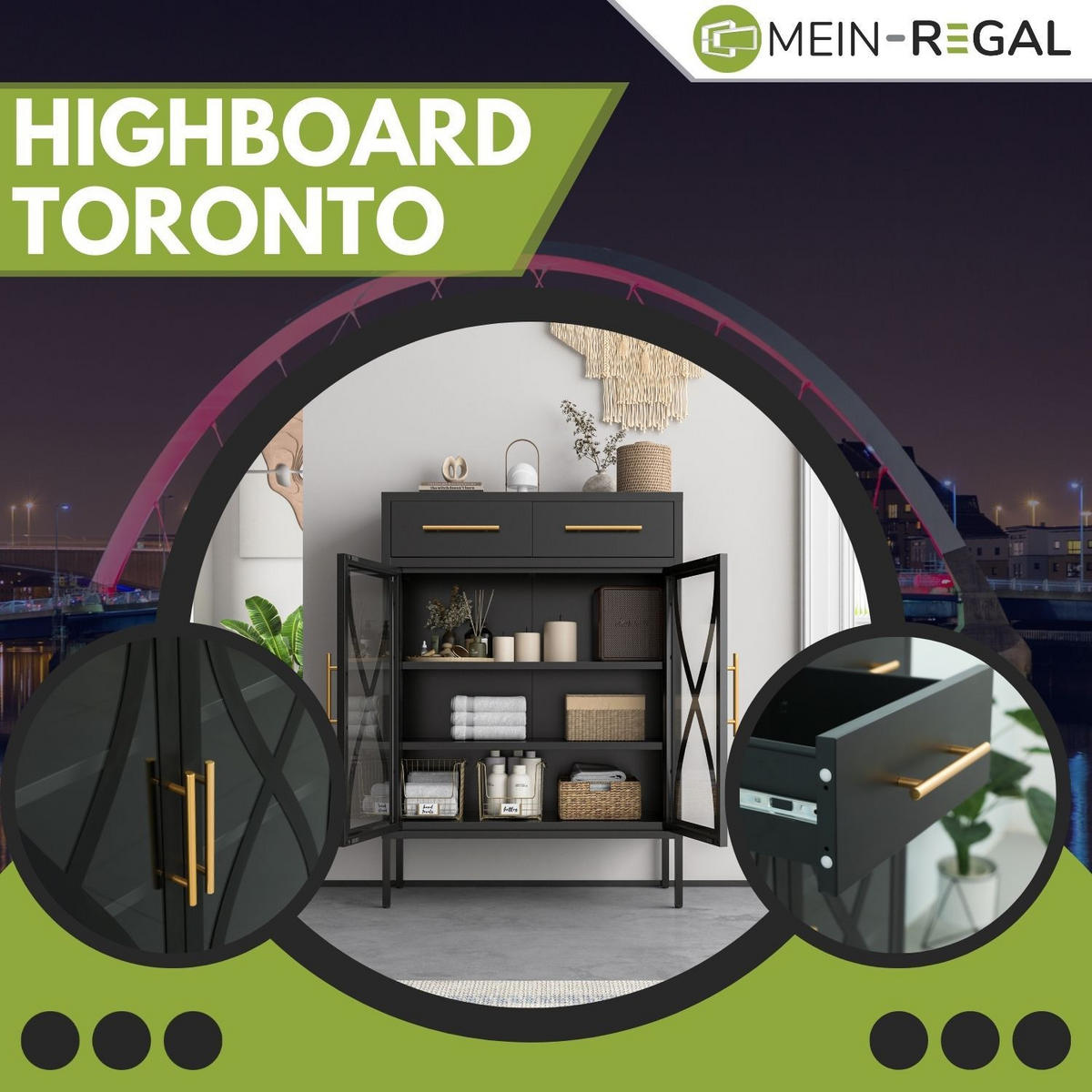 HIGHBOARD TORONTO Metall Schwarz Türen und Schubladen 80/35/110 cm - Schwarz, Metall (35/110/80cm) - Mein-Regal