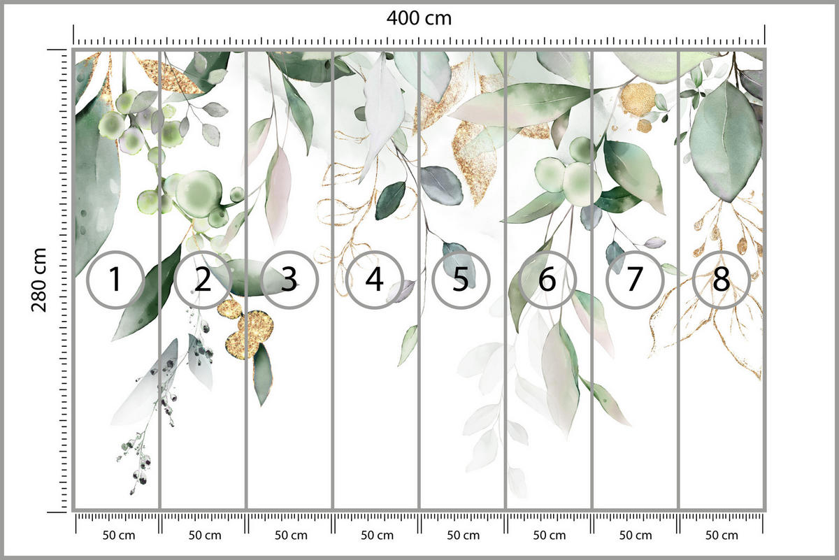 FOTOTAPETE für Schlafzimmer Aquarell Blätter Eukalyptus Weiß 400x280 - Gelb/Weiß, Papier (400/280cm) - Muralo