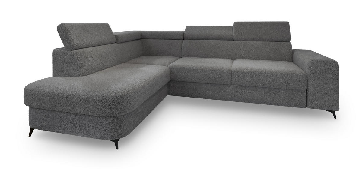ECKSOFA ALVORO L-S Grau Boucle-Stoff mit Schlaffunktion - Grau, Holz (253/190cm) - MASSENO