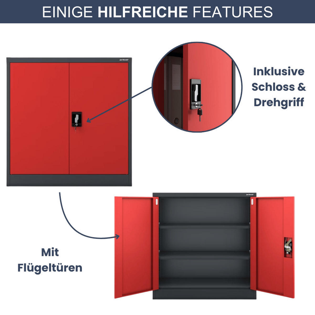 AKTENSCHRANK abschließbar KADO mit Flügeltüren 93x90x40cm Anthrazit-Rot - Anthrazit, Metall (90/93/40cm) - DELUKE