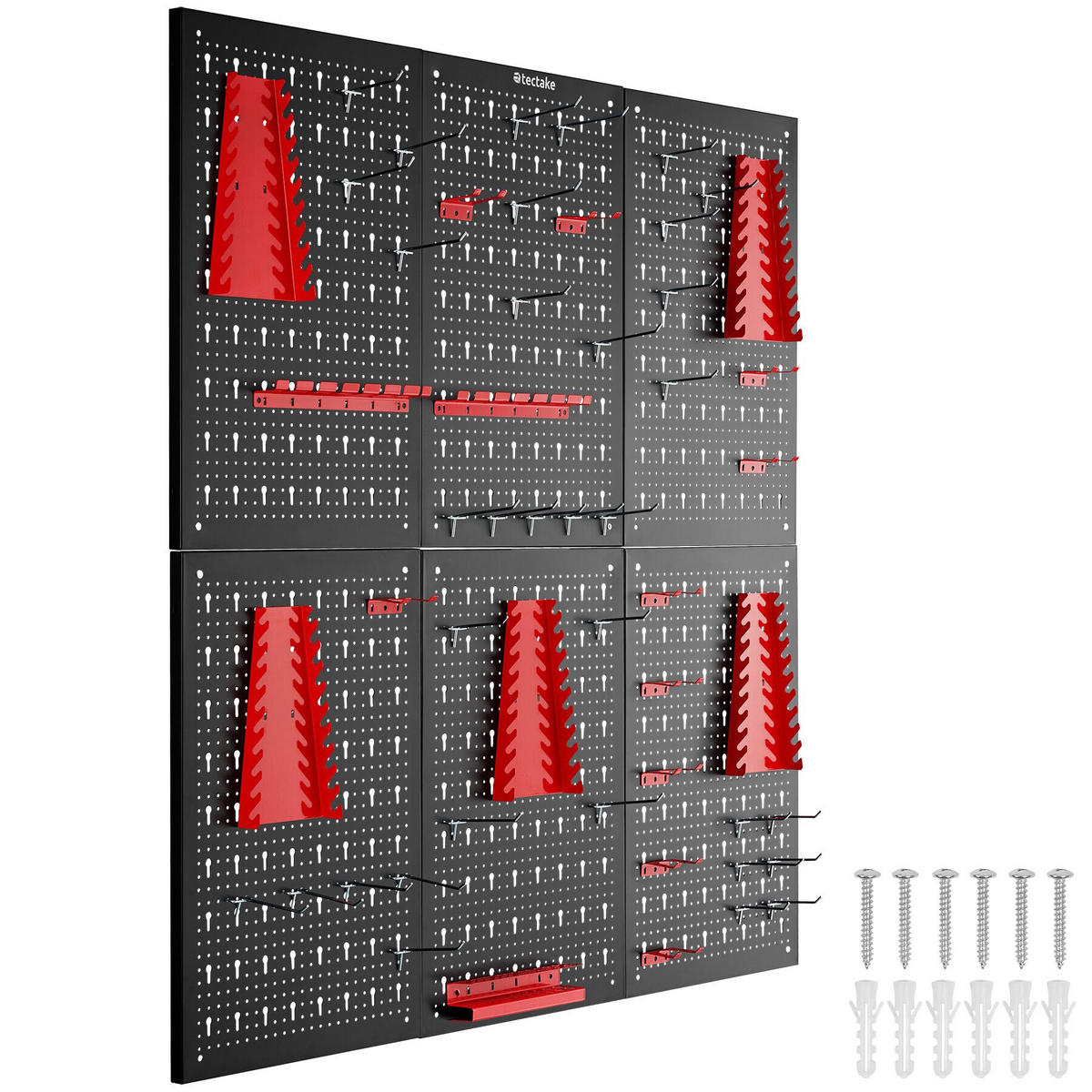 WERKZEUGLOCHWAND Jonah,Belastbarkeit 4 kg pro Platte,schwarz/rot - Rot/Schwarz, Metall (240/60/2cm) - tectake