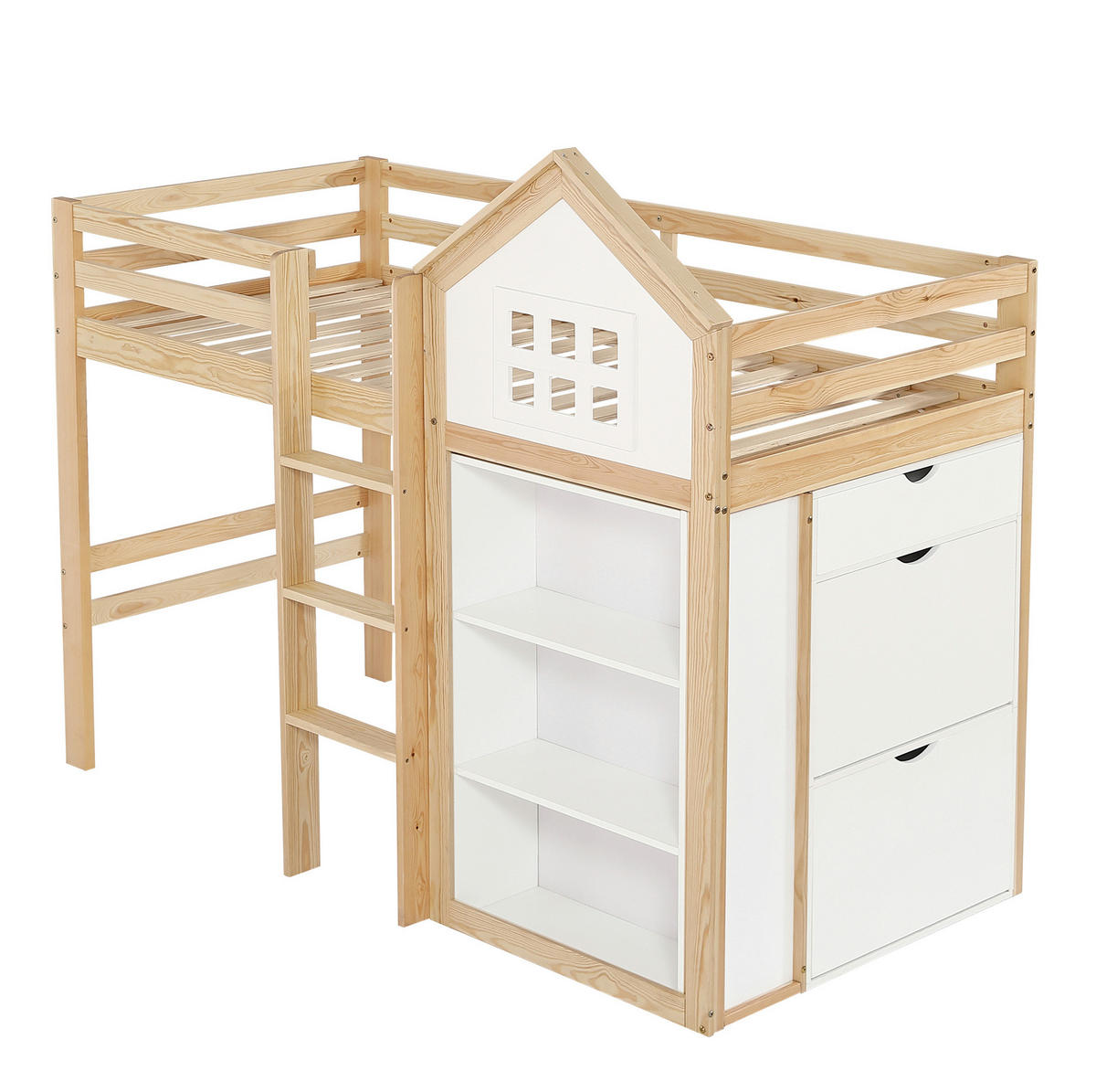 HOCHBETT aus Kiefer und MDF 90x200 cm Weiß/Natur mit Stauraum, Schubladen, Sicherheitsgeländer und stabilem Aufstieg - Weiß, Holzwerkstoff (90/200cm) - Modfu