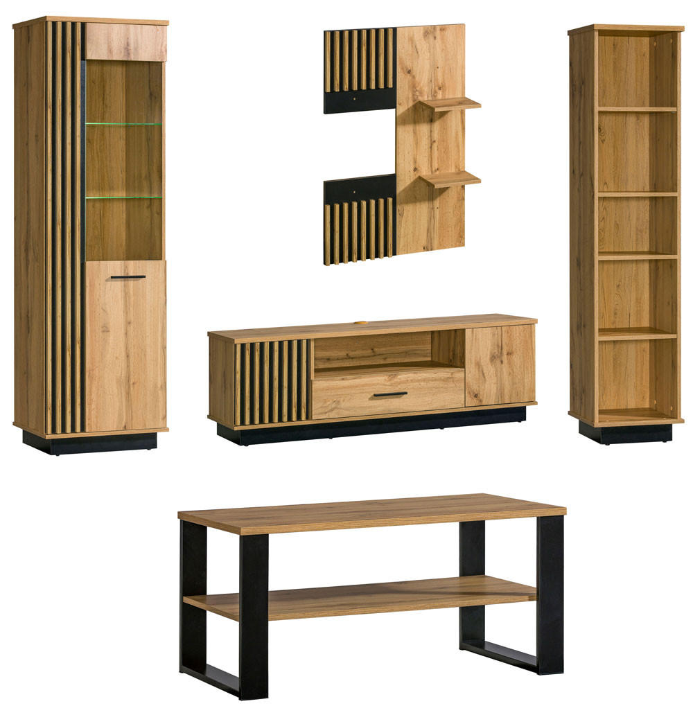WOHNZIMMER-SET Lamia Wotan Eiche / schwarz 255 / 56 / 193cm 5-teilig - Multicolor/Schwarz, Holz/Holzwerkstoff (255/193/56cm) - Feldmann-Wohnen