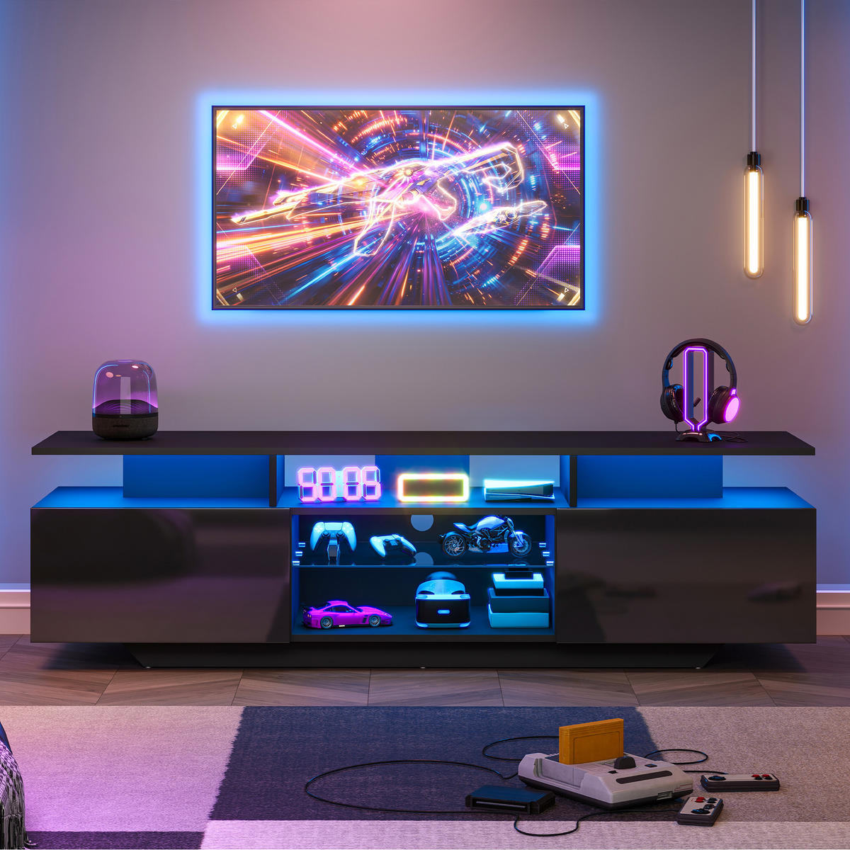 TV-SCHRANK 160/40/45 cm Schwarz Hochglanz mit LED und 2 Schränken - Schwarz, Holzwerkstoff (160/45/40cm) - Oxeza