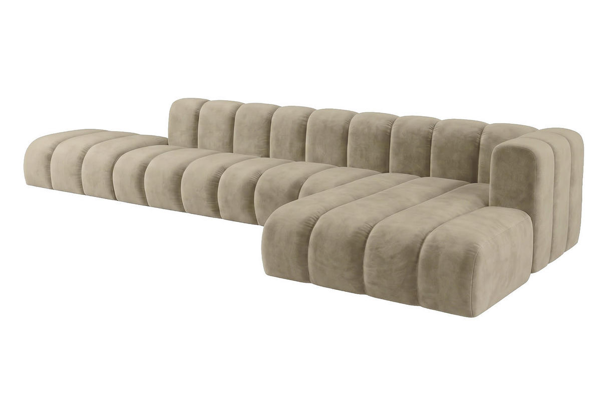 ECKSOFA Modulares In L-Form Mit Hocker, Velvet-Stoff Riviera, Beige, Rechts, GRAND - Beige, Holz (386/179cm) - Kaiser Möbel