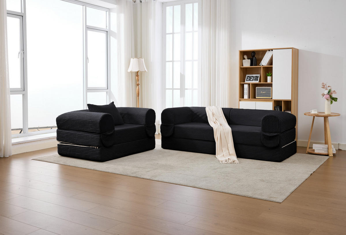 SOFA-SET modular 1-Sitzer + 2-Sitzer Cord Schwarz - Schwarz, Kunststoff (78/65/190cm) - Meubliv