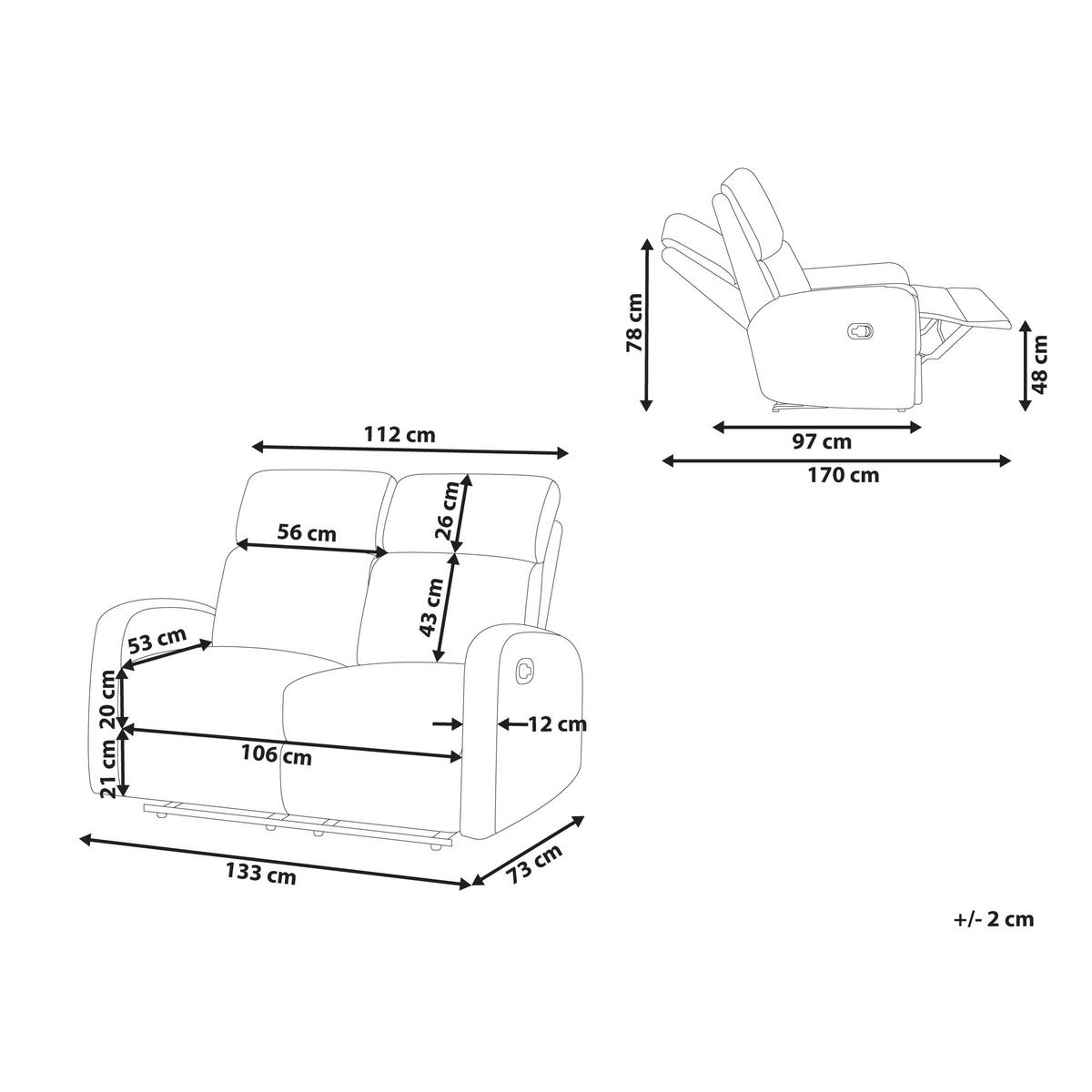 SOFA elektrisch verstellbar 2-Sitzer Samtstoff Hellbraun Verdal - Hellbraun/Braun, Textil (133/100/73cm) - Beliani