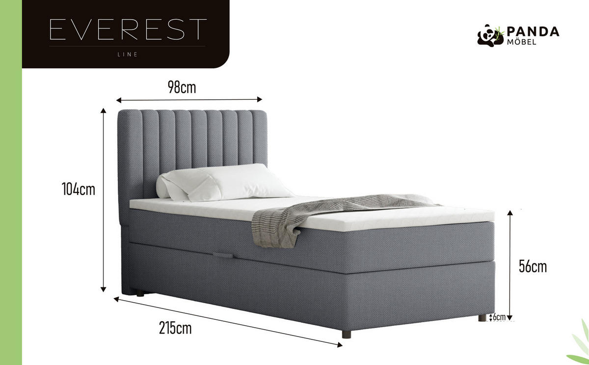 BOXBETT Everest 90 x 200 cm Einzelbett mit hochwertiger Bonell-Matratze und Topper - Dunkelgrau, Holz (90/200cm) - Panda Möbel