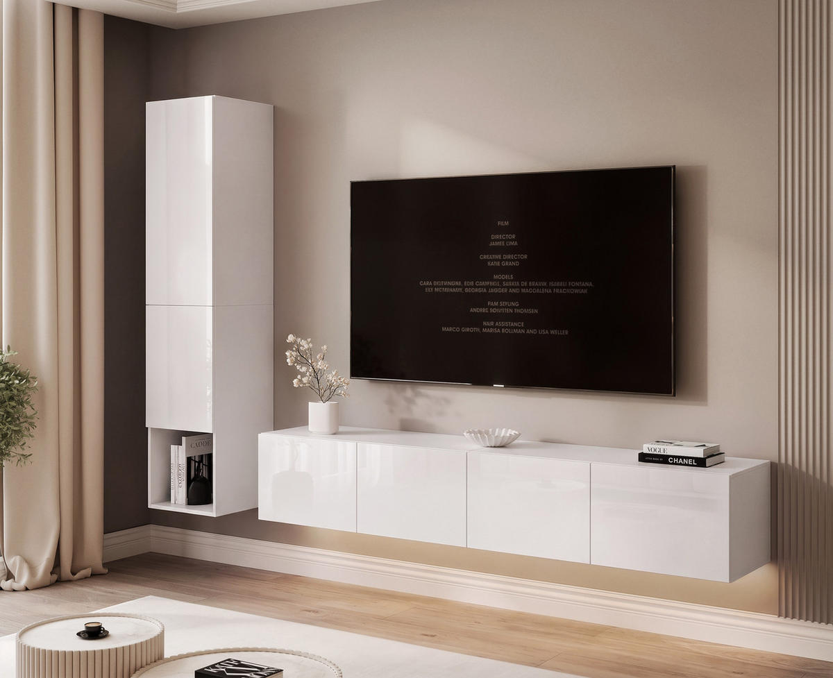 WOHNWAND ANGEL LINE I 2-teilig, mit LED-Beleuchtung, Weiß Hochglanz - Weiß Hochglanz, Holzwerkstoff (240/180/40cm) - Idohome