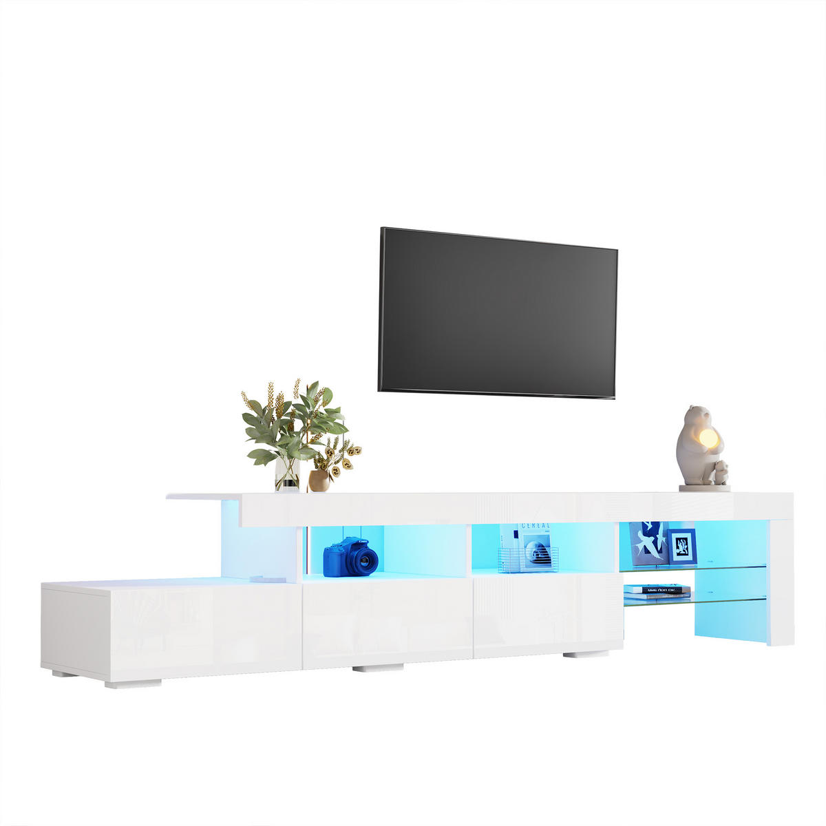 TV-RACK 180x35x45cm Hochglanz-Weiß mit App-gesteuerter LED-Beleuchtung - Weiß, Holz (42.49/10.01/162cm) - Raelunyi