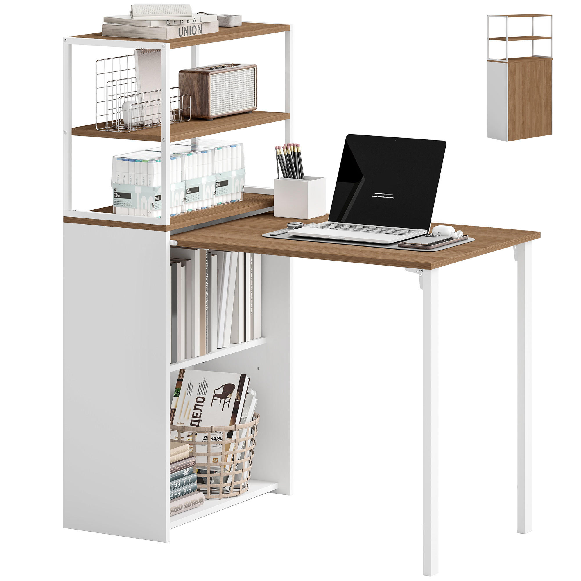 ECKSCHREIBTISCH DE-09135 mit 4 Regalfächern, klappbar Naturholz - Naturfarben, Metall (105/60/127cm) - ComfortXL
