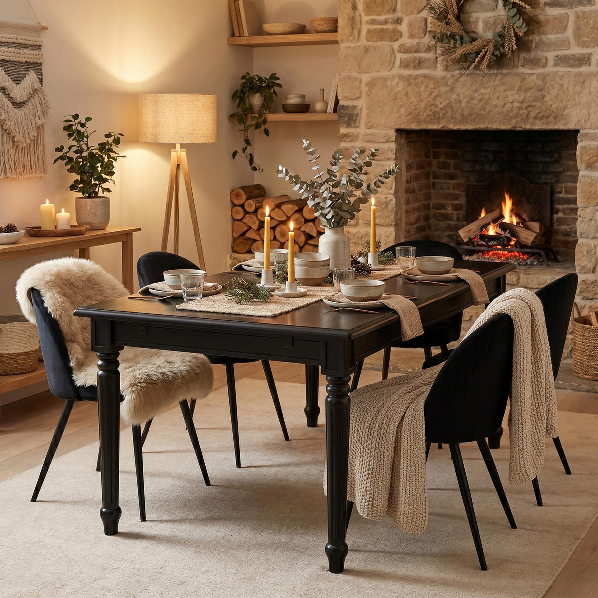 ESSGRUPPE Amaretta mit Esstisch Schwarz und 6 Stühlen Schwarz, 180 x 100 cm - Schwarz, Holz/Textil (180/75/100cm) - ebuy24