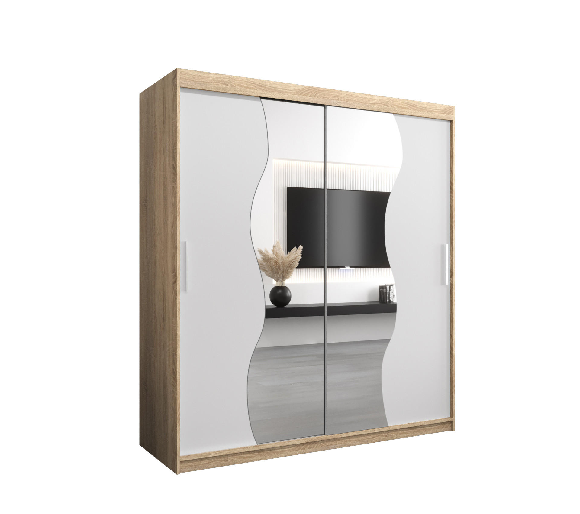Abiks Möbel Schwebetürenschrank Sonoma Eiche, Weiß 180x200x62 cm