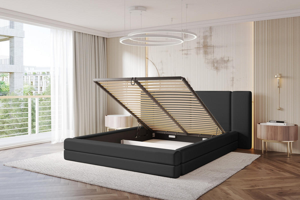 POLSTERBETT mit Bettkasten und Lattenrost, Boxbett ohne Matratze - TEVO 200x200 Schwarz - Schwarz Hochglanz, Holzwerkstoff/Textil (200/200cm) - ALTDECOR