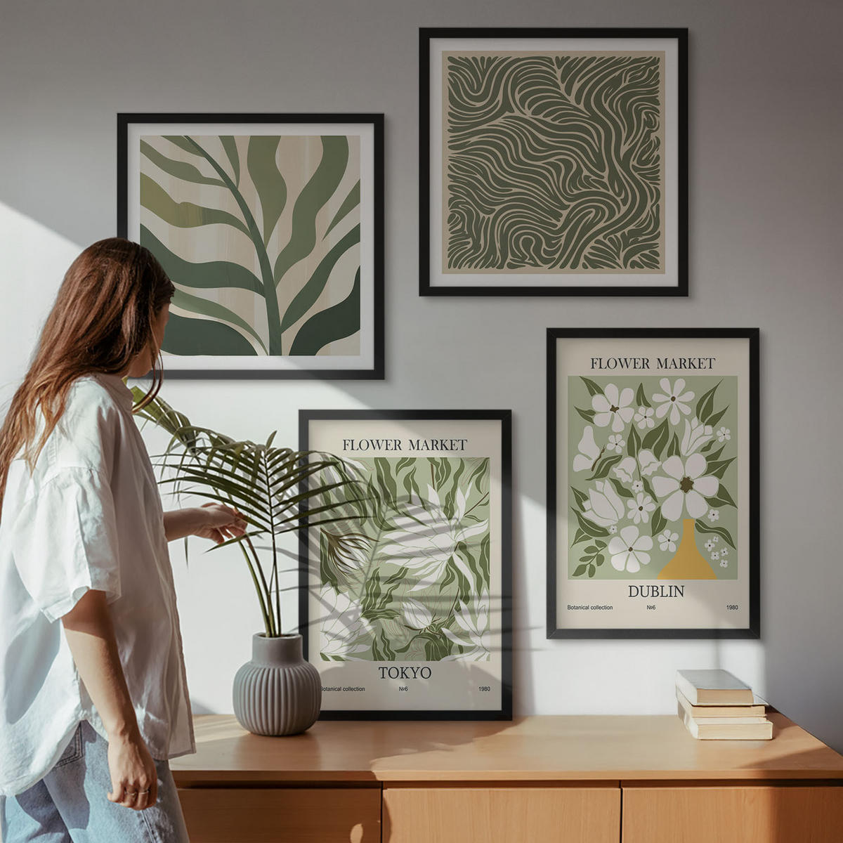 BILDER SET 4er Set - 50x50 cm & 40x60 cm Schwarzer Rahmen - Pflanzenmuster, Boho-Dekorationen - Schwarz, Kunststoff (50/50cm) - TULUP