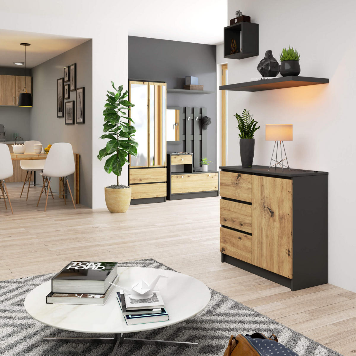 KOMMODE Grau, Eiche Artisan 35x80x77 cm - Eiche Artisan/Grau, Holzwerkstoff (80/77/35cm) - Akord
