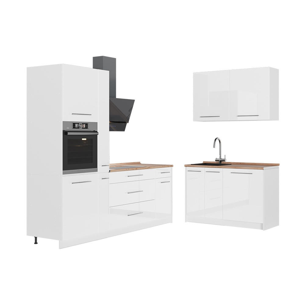 KÜCHENZEILE Fame-Line, Weiß Hochglanz/Weiß, 220 x 120 cm, AP Eiche - Weiß Hochglanz/Weiß, Holzwerkstoff (220/206.8/60cm) - Vicco