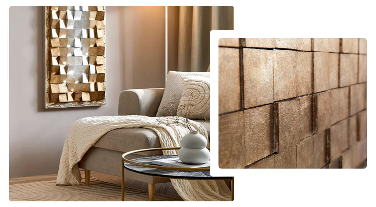 Holzbild im Wohnzimmer, graue Wohnlandschaft und Wohndecke