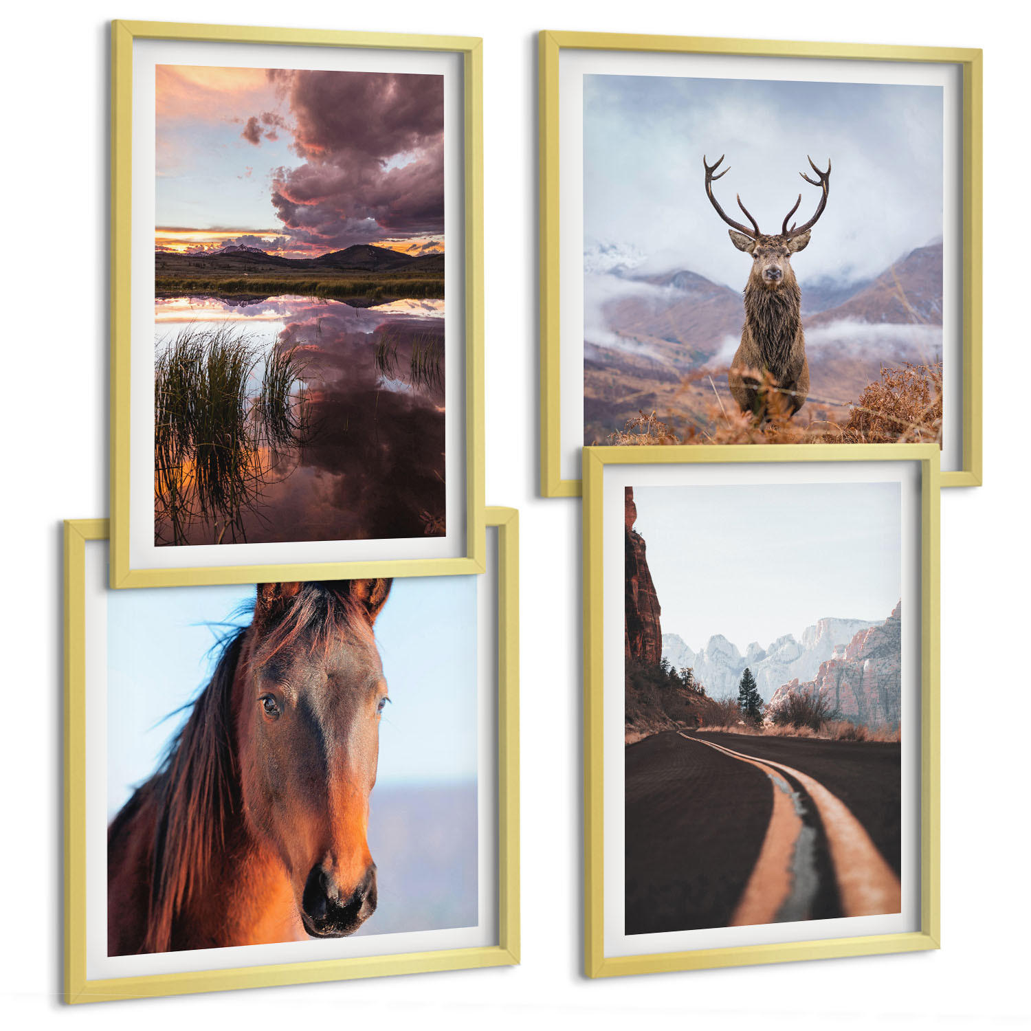 BILDER SET 4er Set - 50x50 cm & 40x60 cm Goldrahmen - Berglandschaften, Rentiere, Pferdestraße - Goldfarben, Kunststoff (50/50cm) - TULUP