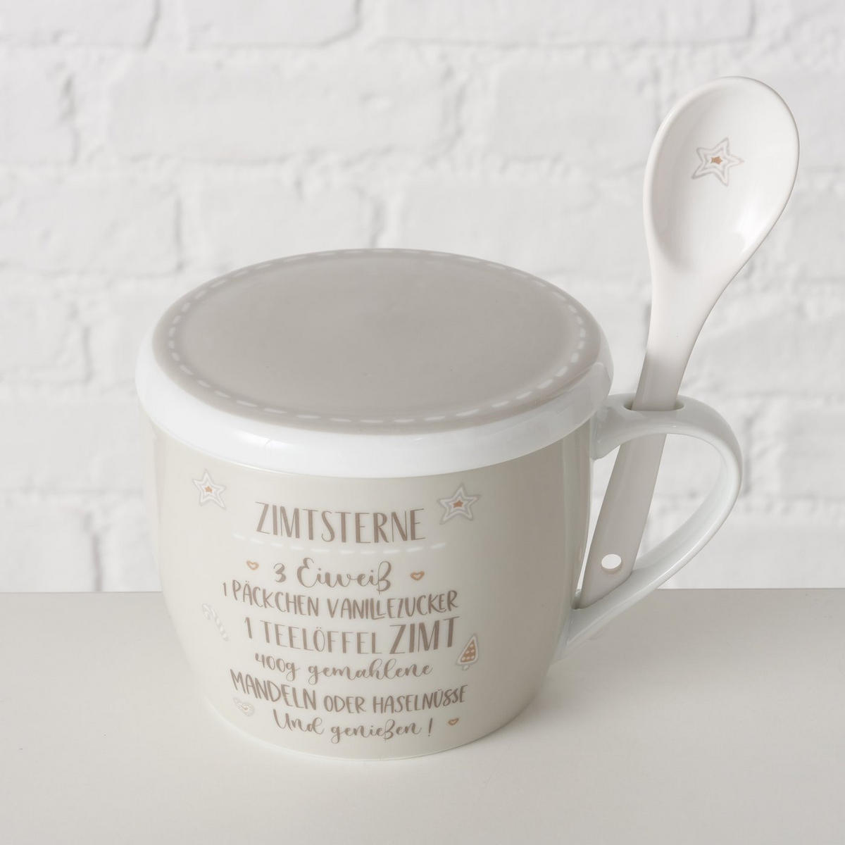 PORZELLANBECHER mit Deckel Bakery Muster 2 600 ml 17/11,5/12,5 cm - Beige, Keramik (0.6L) - Boltze Home