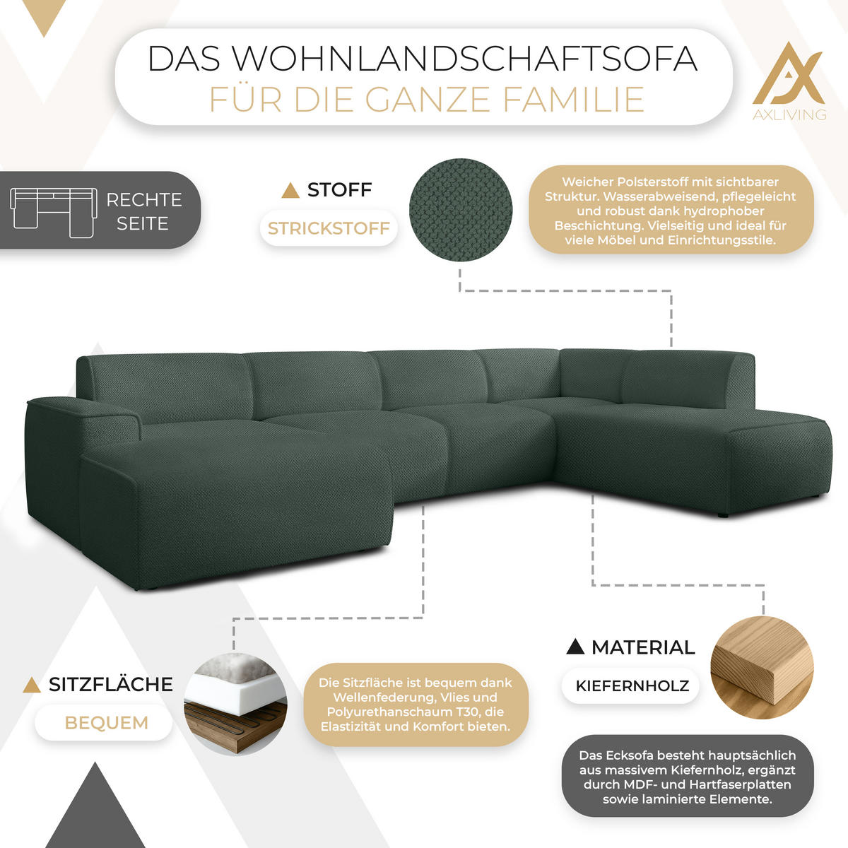 WOHNLANDSCHAFT Didim Grün 378/220/78 cm – großes Sofa stilvoll & bequem R - Schwarz/Grün, Kunststoff/Textil (378/78/220cm) - AX Living