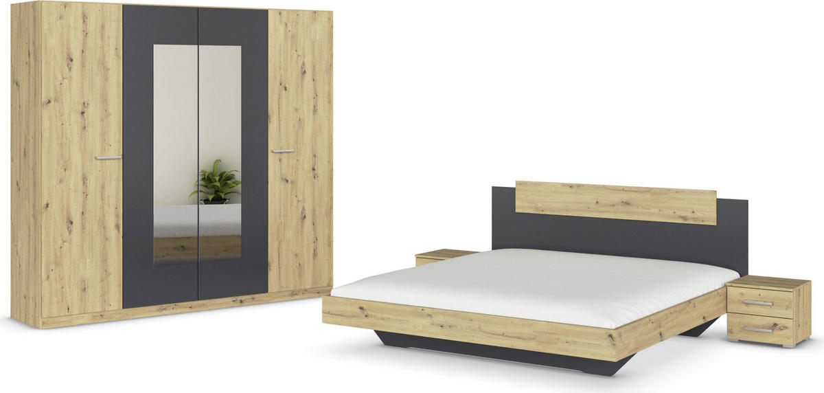 SCHLAFZIMMER Borba in Eiche und Grau 4 teilig – mit Bettanlage 180x200cm, zwei Nachttisch und Drehtürenschrank 225cm Breite - Braun, Holzwerkstoff (80/200/120cm)